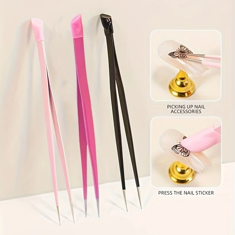 1pc [Dual-Ended Precision Nail Tweezers] Dual-Ended Nail Art Tweezers with Silicone Press - Precision Rhinestone Applicator