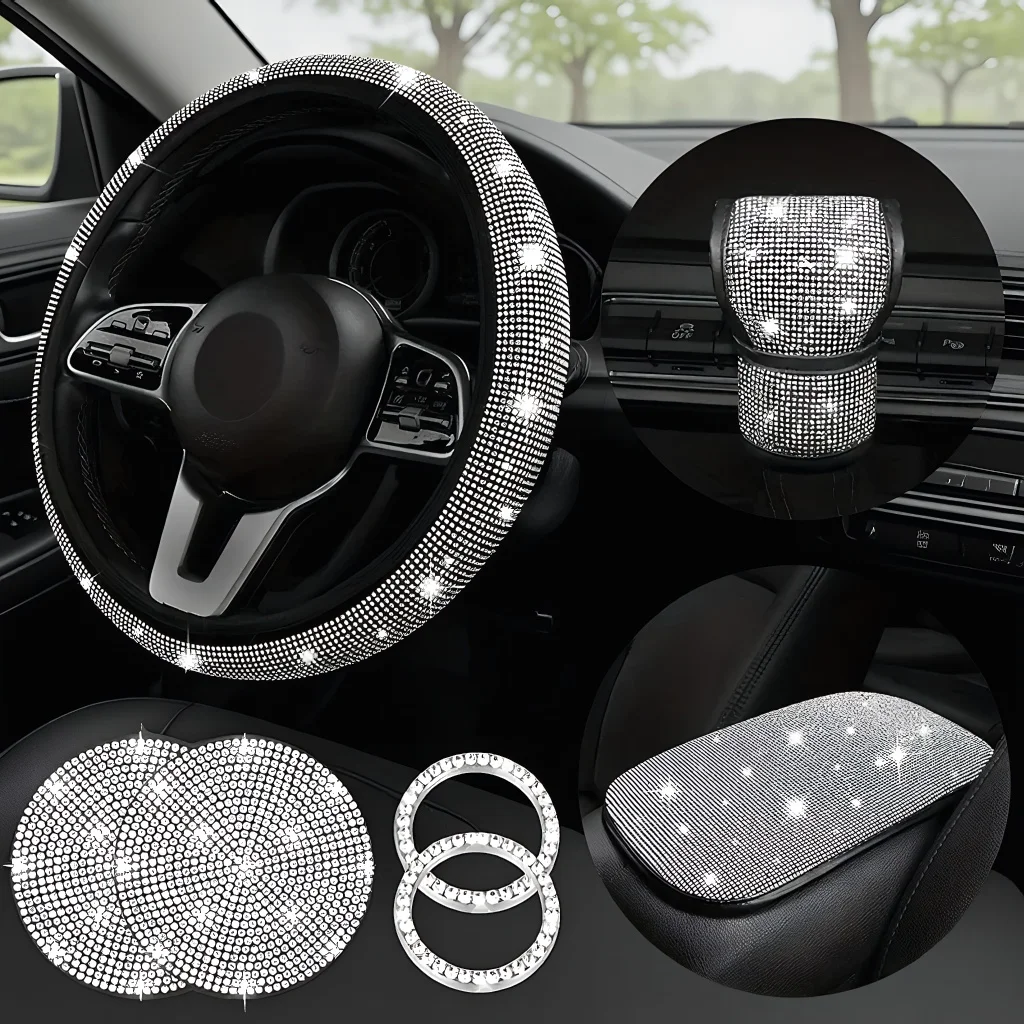 

Блестящий набор для декора автомобиля из 7 предметов: алмазный руль и милые аксессуары для колес для автоматической настройки