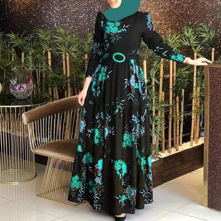 

24 New Mid Waist Color Temperament Commuting Four Sided Spring Printed Non Velvet Long Dress 1148