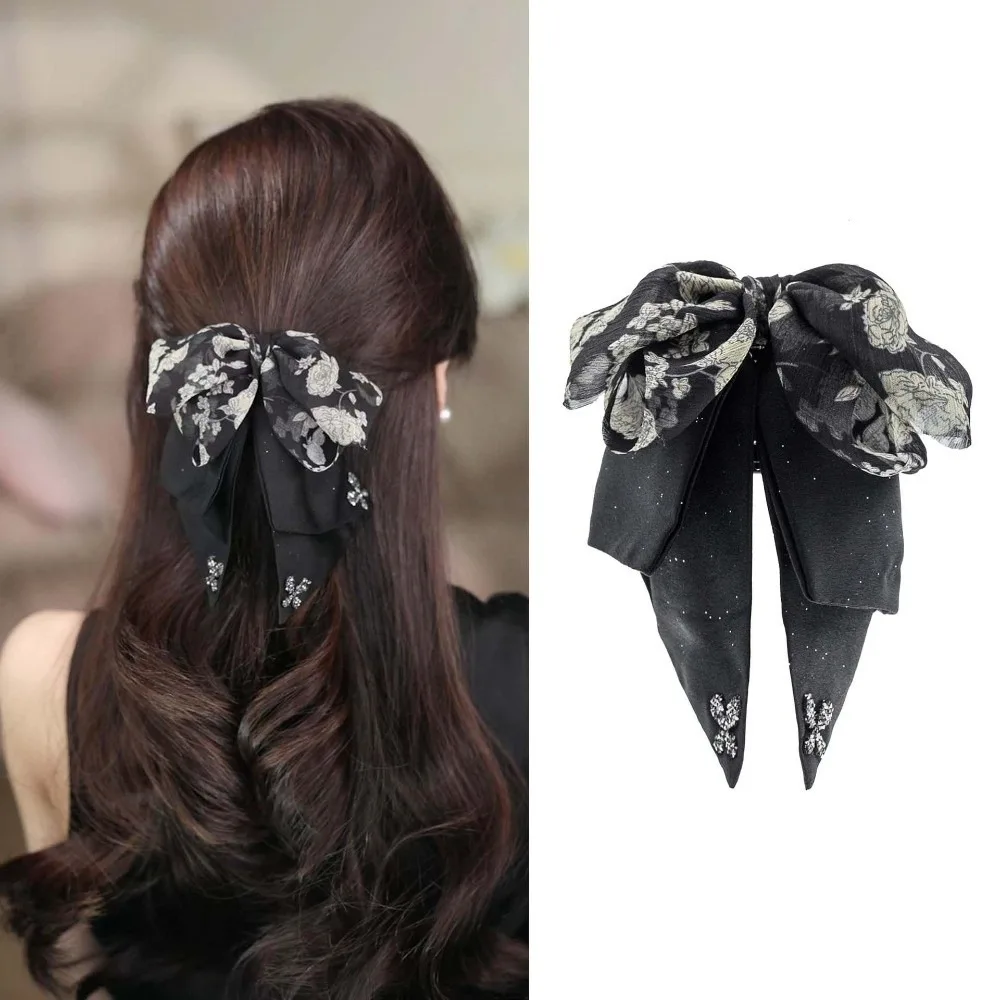 

Beads Black Bow Shark Clip Elegant Cloth Shiny Rhinestone Hair Claw Polyester French Style Women Sequin Hairgrips Female