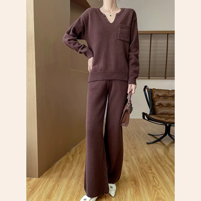 Women Wool V-neck Sweater Pullovers Casual Straight Pants Spring Autumn Winter Knitwear 100% Merino Wool Two-piece Suit Clothing