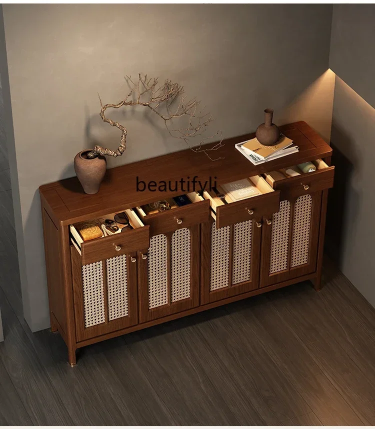 Solid Wood Large Capacity Rattan Door Leaf Breathable Home Entrance Cabinet Home Doorway Multilayer Storage Storage Shoe Cabinet