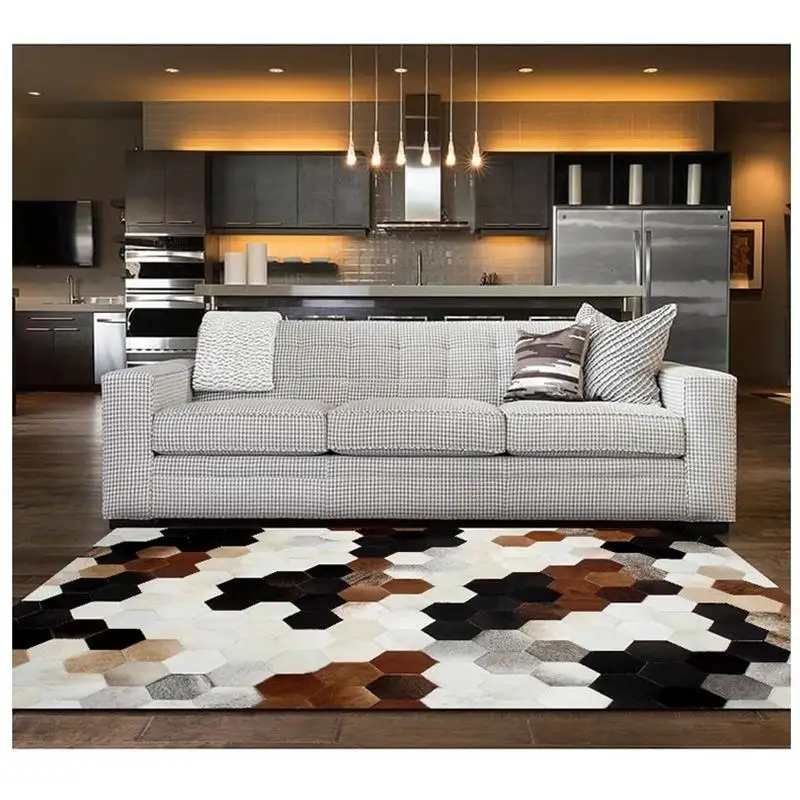 Brown Black Cowhide Carpet For Living Room Home Hexagonal Grid Rugs For Bedroom Nordic Sofa Coffee Table Floor Mat Study Rug