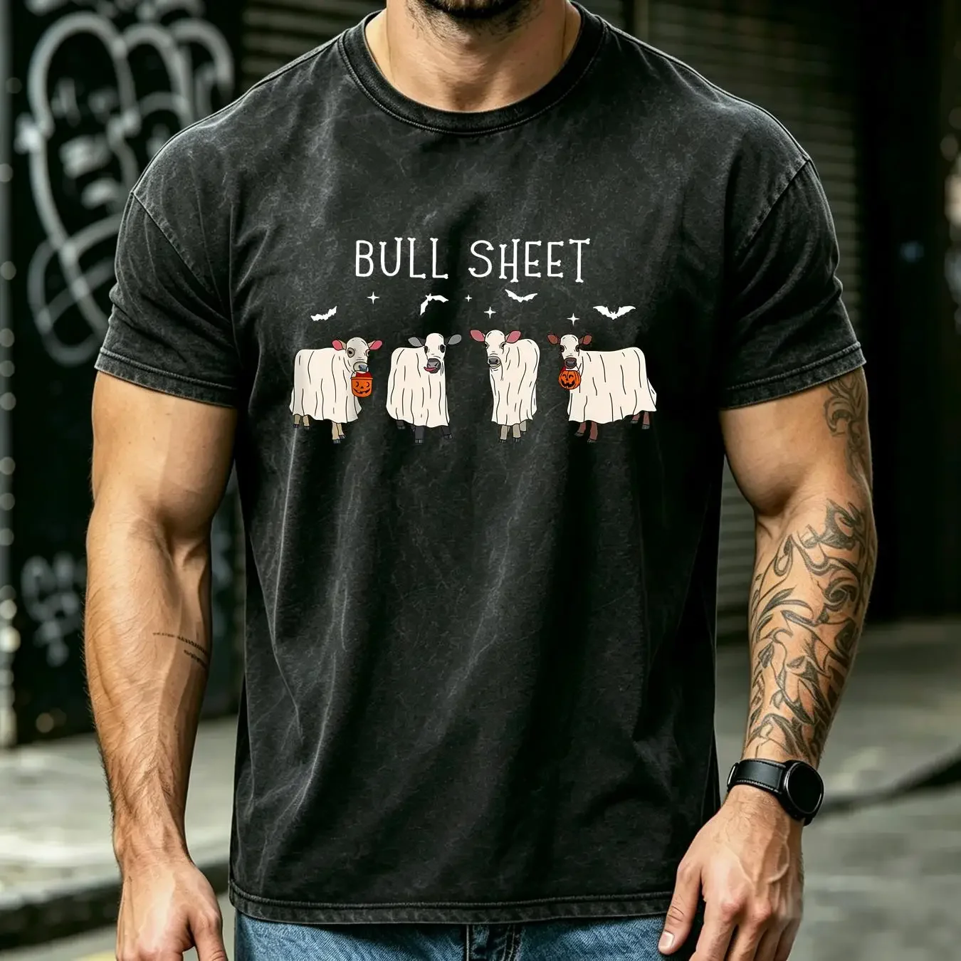 washed T Shirt NEW LISTINGBull Sheet Ghost Cow Halloween Funny This Is Bull Black vintage Washed Unisex fashion Stretched homme
