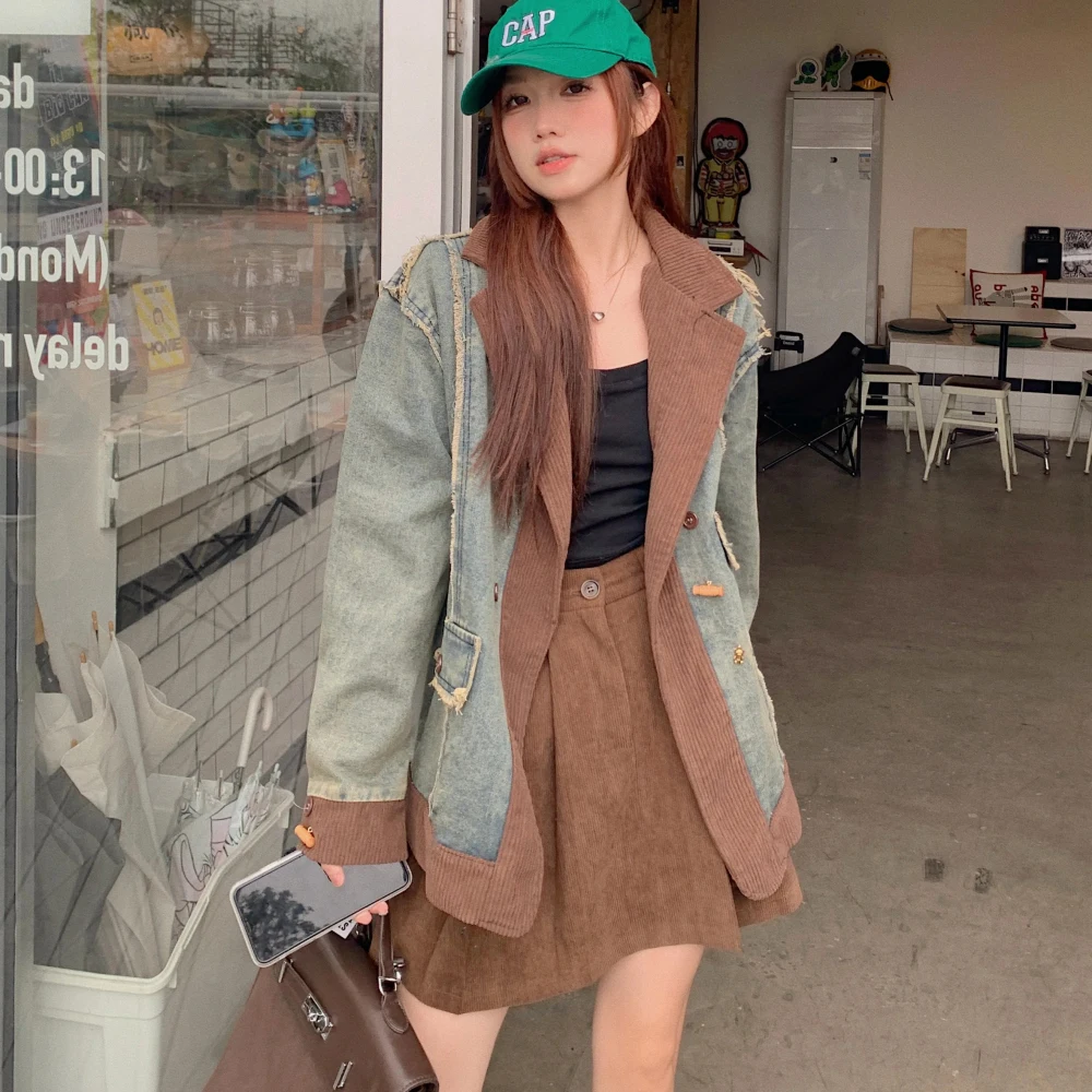 Autumn Winter Vintage Corduroy Patchwork Denim Blazer Coat Jacket for Women Notched Collar Loose Outerwears Female 202