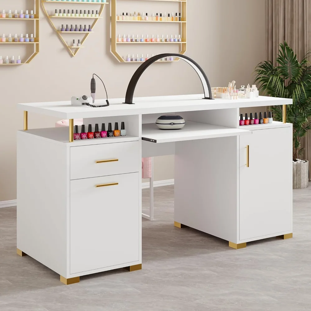 

White and Gold Nail Desk for Nail Tech, Manicure Table with 2 Drawers and Cabinet, 55 Inch Nail Table with Movable Shelf