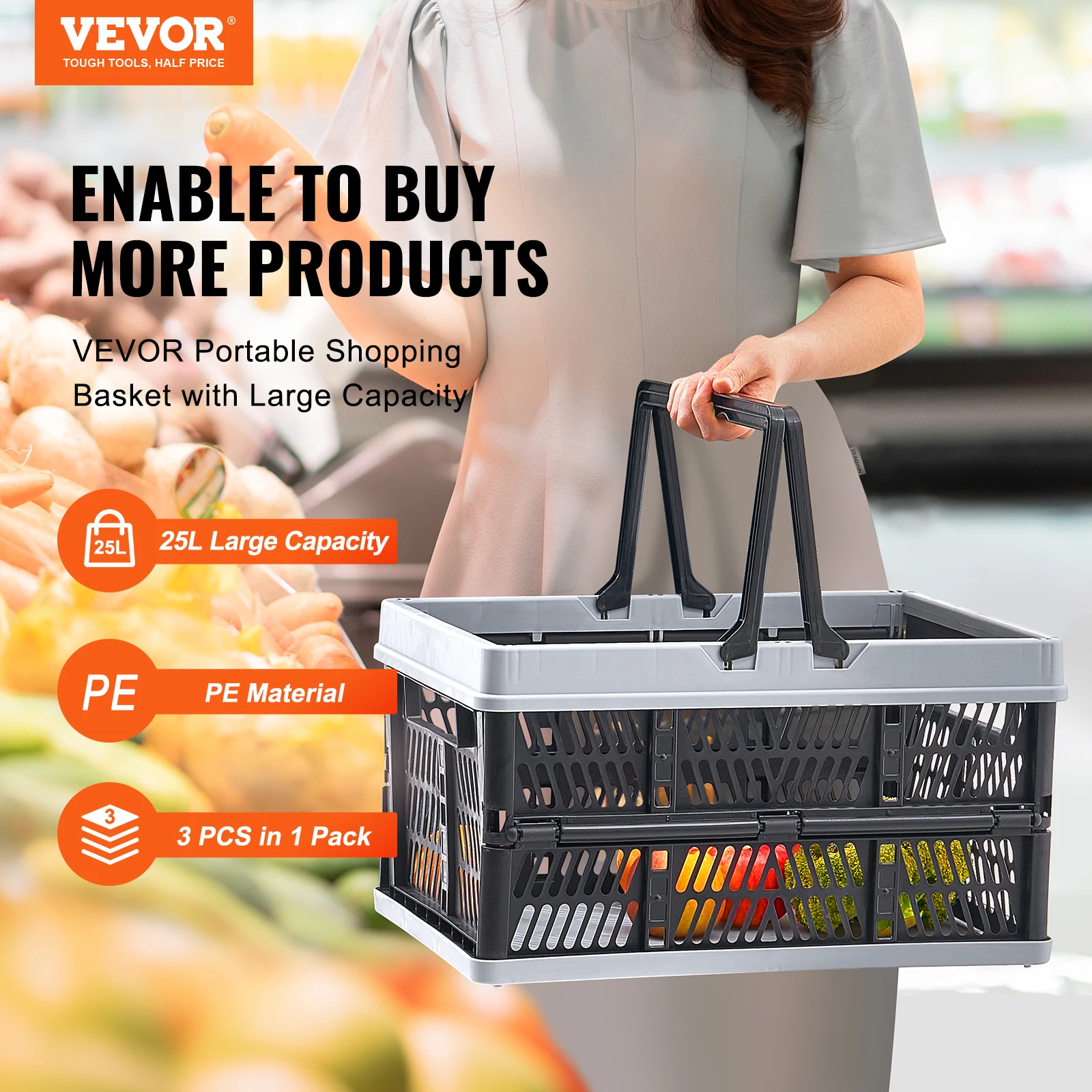 VEVOR 3pcs Foldable Storage Basket Collapsible Shopping Crate with Handle for Kitchen Grocery Living Room Desktop Organization