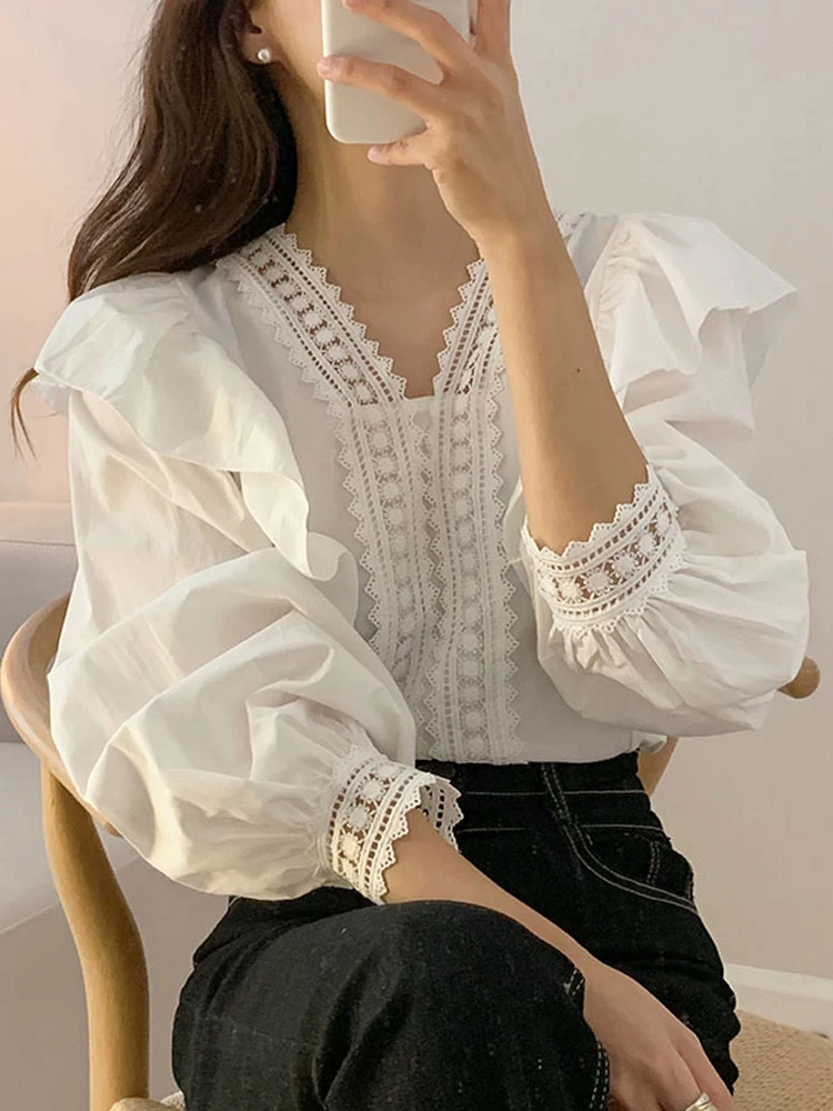 

Ele V-ne Lace irt Women's Autumn New Sle High-ade Charming White irt Outerwear Long Sve Top Korean Loose Fit