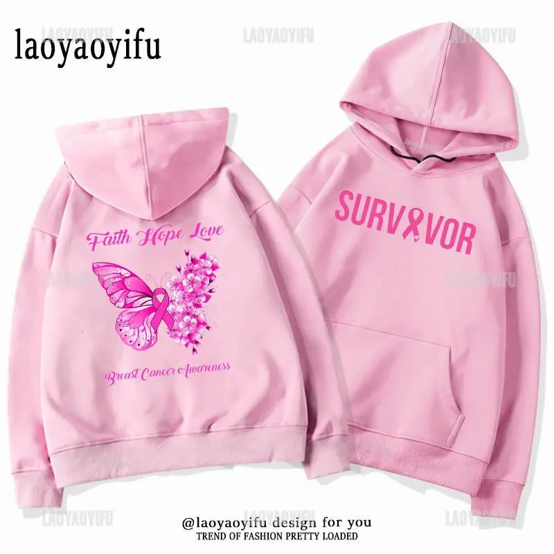 Love Fighting Breast Cancer Women Hoodies Pink Ribbon Breast-Cancer Awareness Support Letters Printed Thermal Hoodie Mom Gift