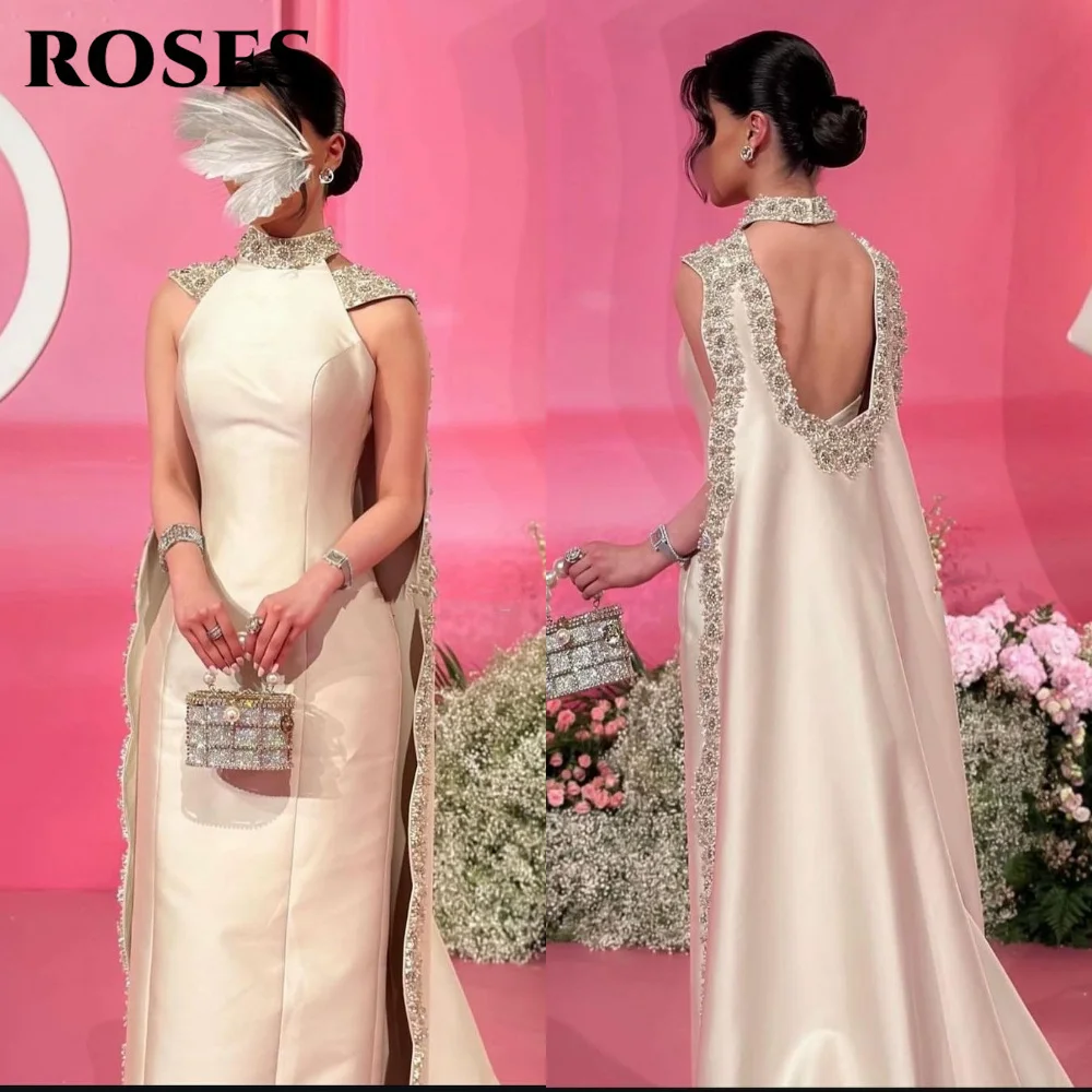 

ROSES Off-White Elegant Prom Dresses Halter Neck Evening Dresses Crystal-Embroidered Open-Back Cape vestidos de noche Customized