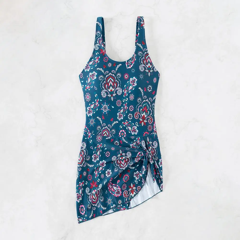 Vestido de natação acolchoado com estampa floral sem costas feminino, monokini de uma peça com nó lateral, roupa de banho