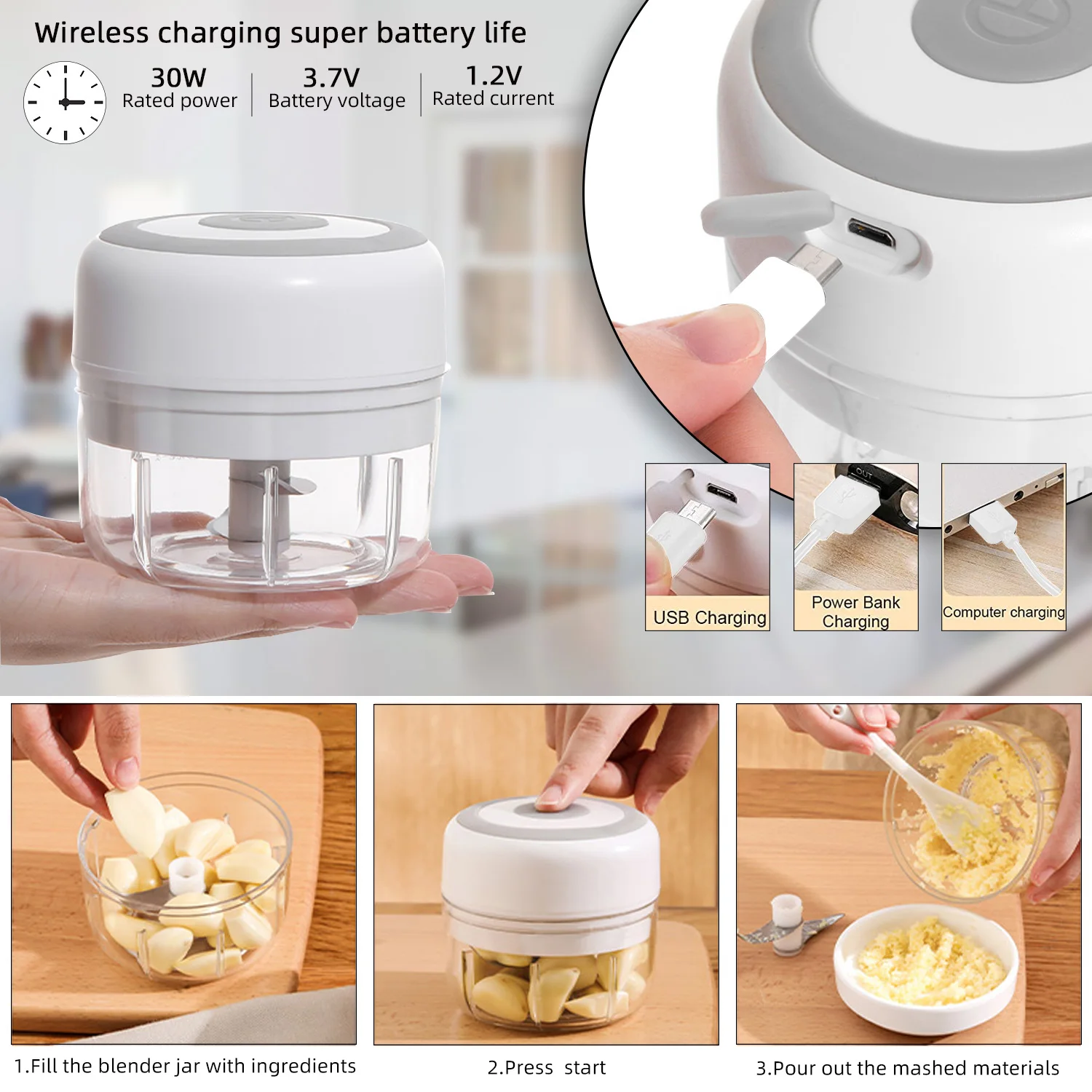 100/250ml Mini Electric Garlic Crusher Vegetable Cutter Chili  Masher Durable Garlic Chopper USB Charging Kitchen Accessories