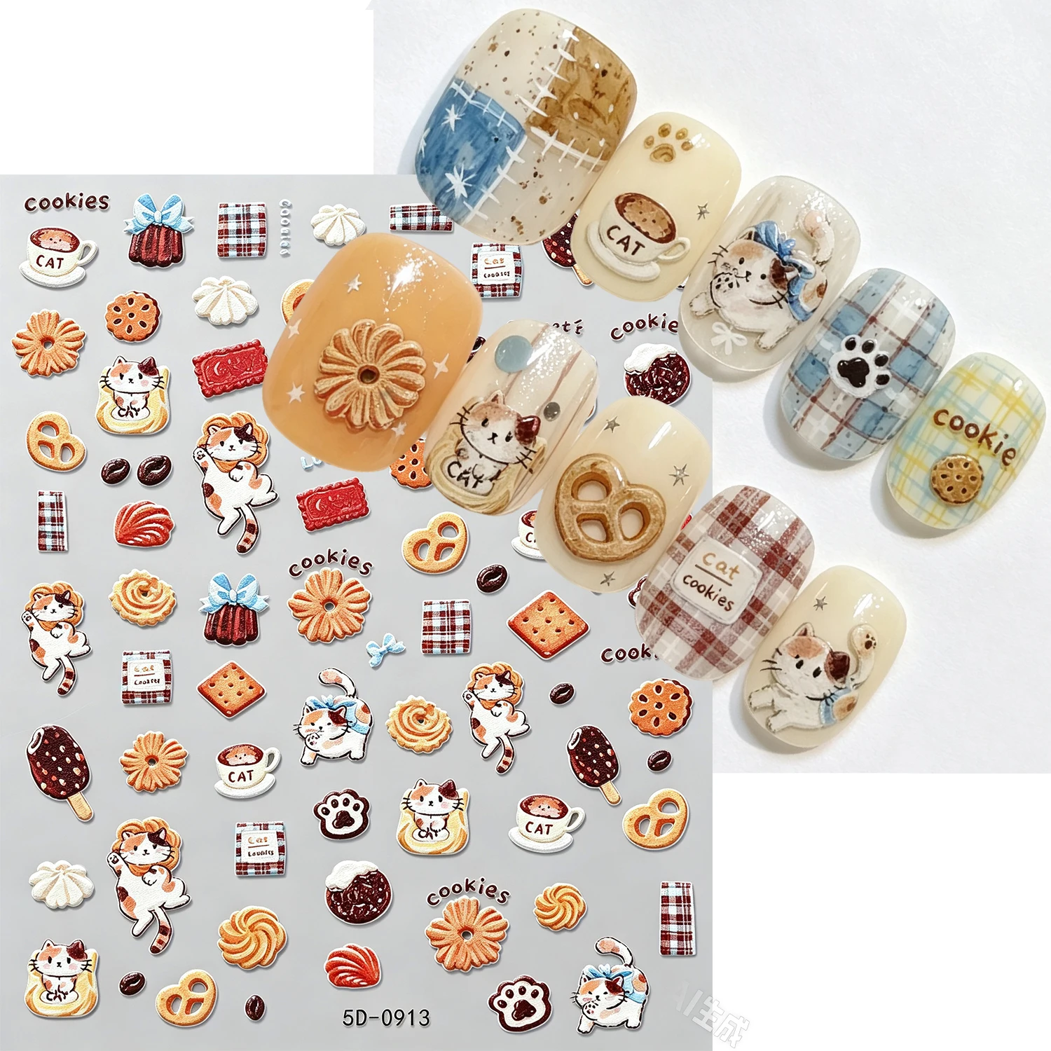 5D Relief Cat Cookies Design Nail Sticker Cartoon Animal Biscuit Ice Cream Self-Adhesive Decals DIY Sliders Manicure Decoration
