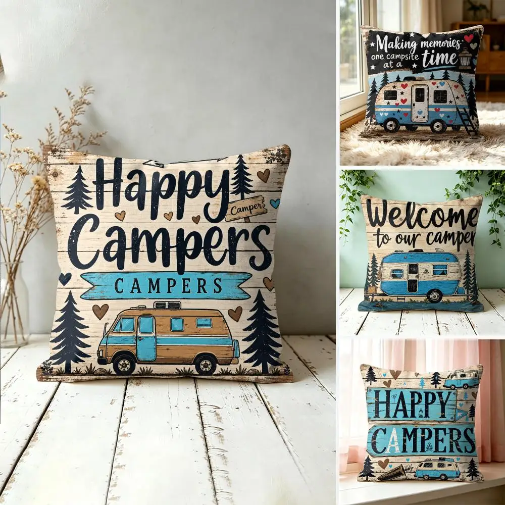 Happy Camper Quote Cushion Cover Silky Short Plush Invisible Zipper Dustproof Sofa Pillow Case For Home Decor