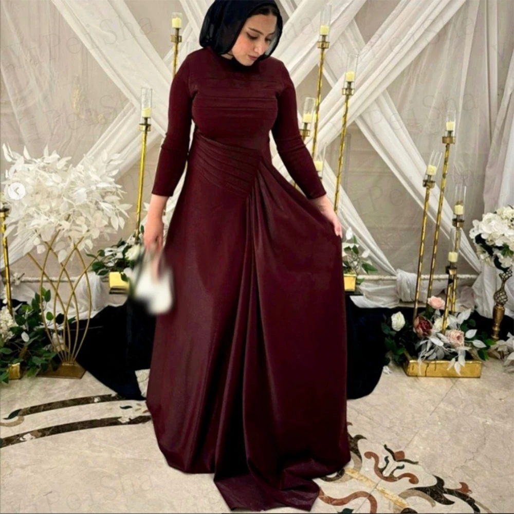 Customized A-Line Prom Dresses Floor-Length O-Neck Full Sleeve Formal Evening Gown Simple Fashion Pleat Draped Party Gown