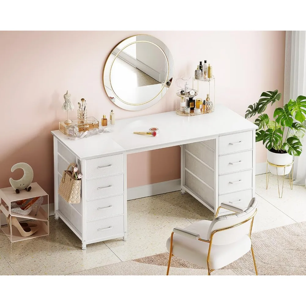 مكتب أبيض مقاس 48 بوصة مع 8 أدراج قماش للمكتب المنزلي الحديث والدراسة والألعاب مع مساحة تخزين كافية