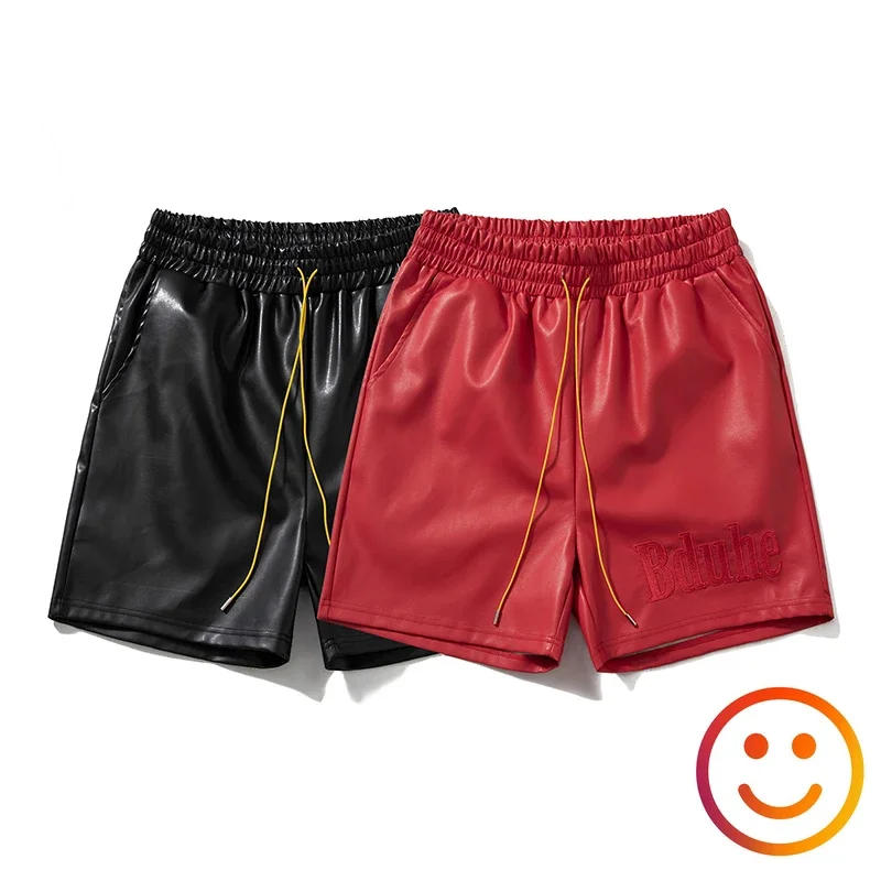 Pure Leather Black Red Green Borad Shorts Pockets 2024 Summer Men Women High Quality Yellow Drawstring Beach Shortpant Breeches