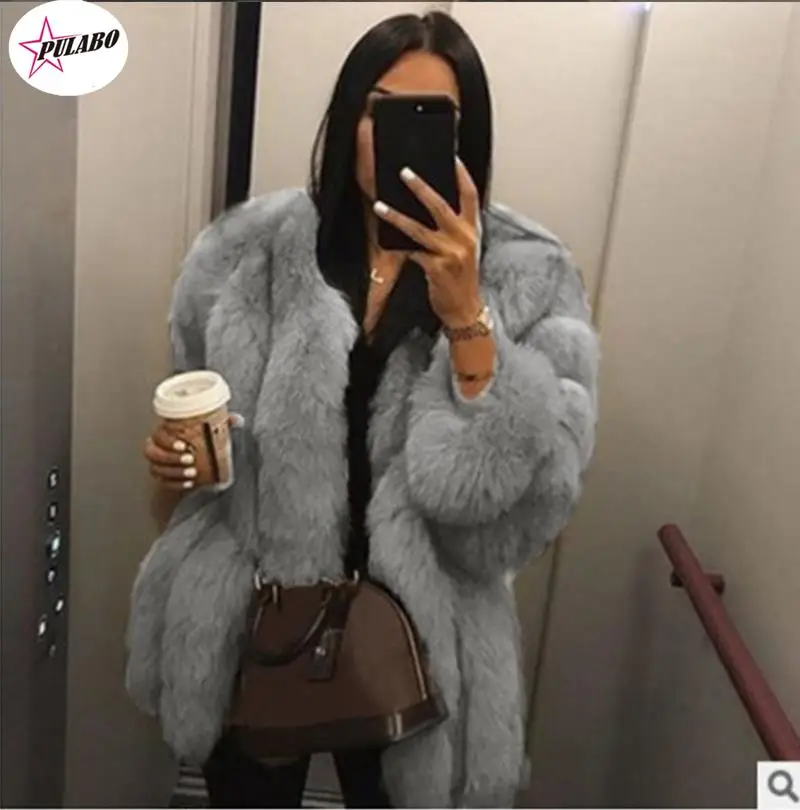 

PULABO Fake Fox Fur Coat Silver Fox Fur Coat Women Winter Black Coat Long Sleeve Jacket Outerwear Women Fashion Casaco Feminino