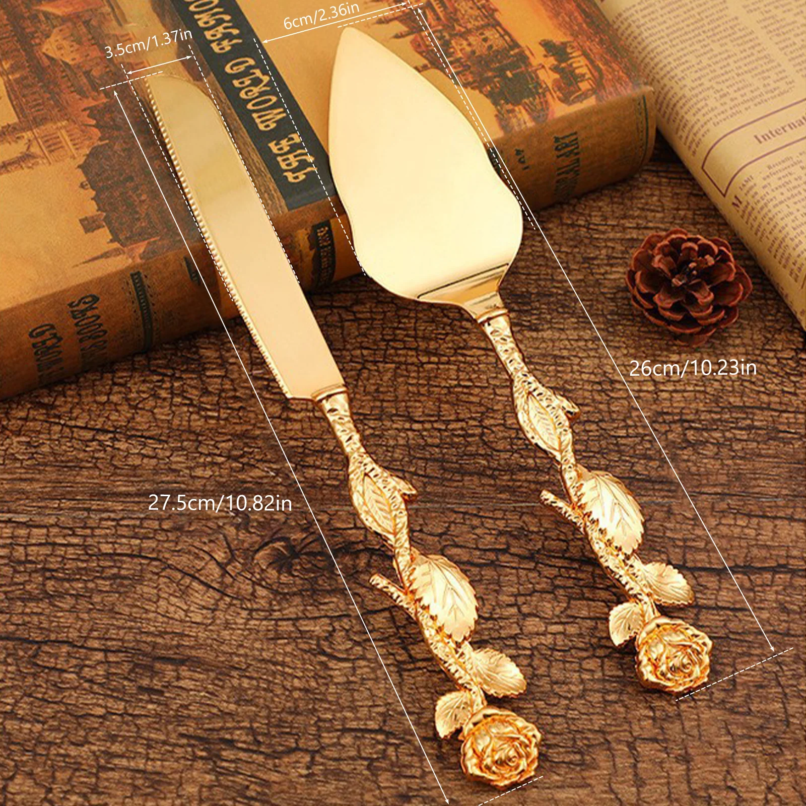 2Pcs Cake Knife Shovel Set Golden Vintage Zinc Cutlery Set Wedding Gift Cake Cutting Tools Wedding Birthday Party Supplies