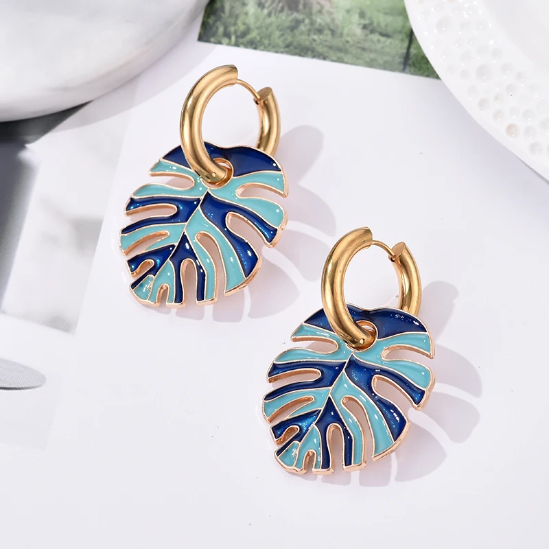 Heiße Bunte Große Blatt Anhänger Gold Farbe Edelstahl Ohrringe Für Frauen Schmuck Vintage Aussage Emaille Runde Creolen – Detail 10