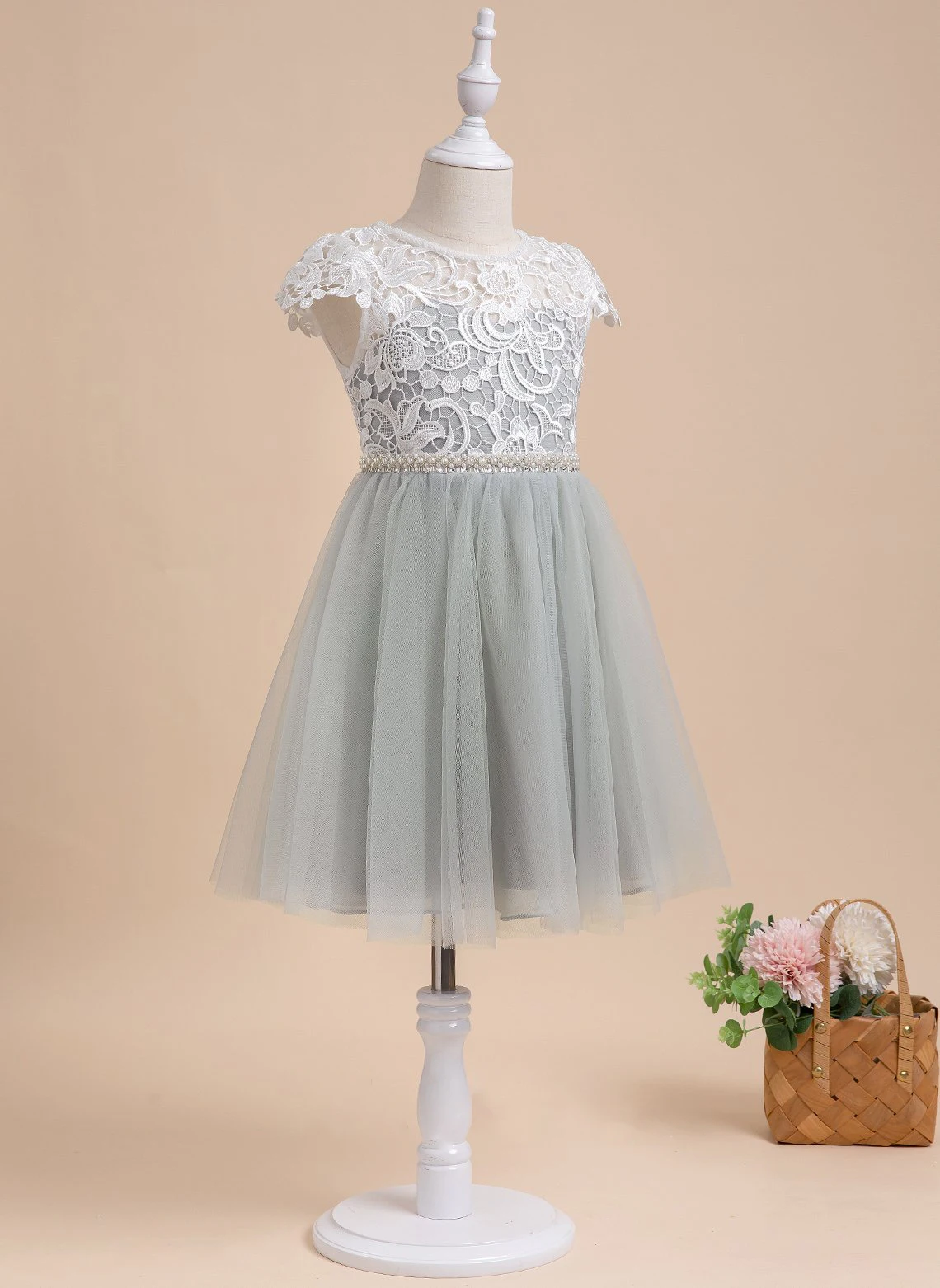 Vestido de encaje hasta la rodilla con cuello Barco, vestido de tul para niña de las flores, vestidos de fiesta de boda, vestidos para niña de flores