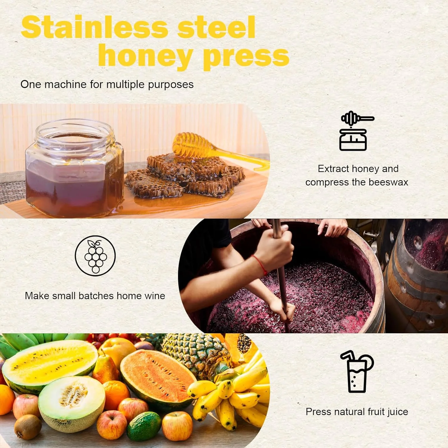 Honey Extractor Manual, Household Manual Mesh Honey Press Extractor Machine, Honey Extractor Beekeeping Manual Tool, Stainless S