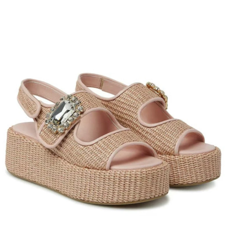 

European and American Fashion Woven Round Toe Open Toe Sponge Bottom Sandals 2025 Casual Retro Versatile Rhinestone Sandals