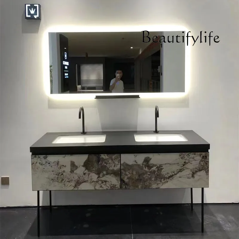 

Mobile da bagno italiano di fascia alta, lavabo intelligente per lavaggio a mano in ardesia importata in legno massello di lusso