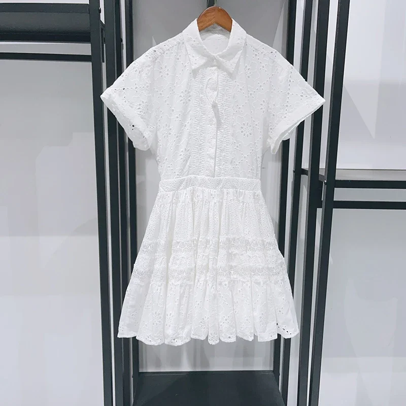 

2025 Summer New Female Mini Robe White Embroidered Hollow Out Turn-Down Collar Collar Short Sleeve Shirt Dress