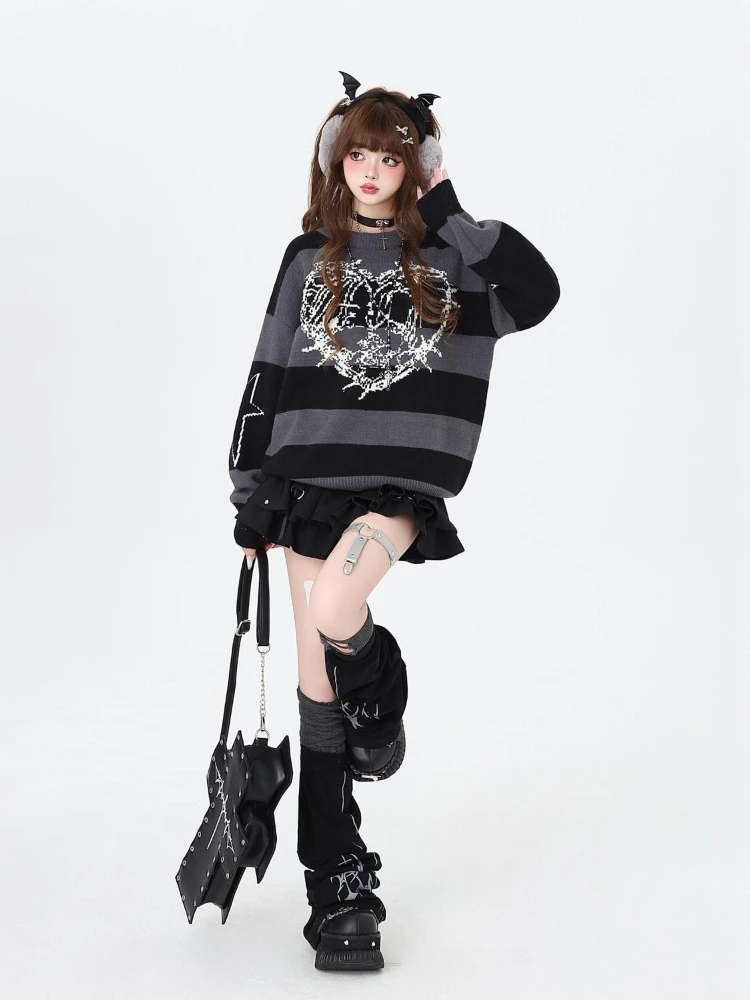 QWEEK Skull Heart Love Print Striped Sweater Gothic Goth Hrajuku Vintage Y2k Coquette Star Pullovers Knitted Knit Top 2024