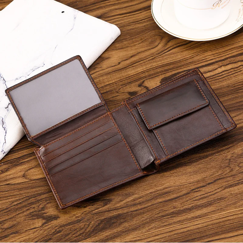 Genuine Leather Men Wallet Vintage RFID Cowhide Short Wallet Trifold Card Holder Luxury Design Male Purse with Coin Pocket