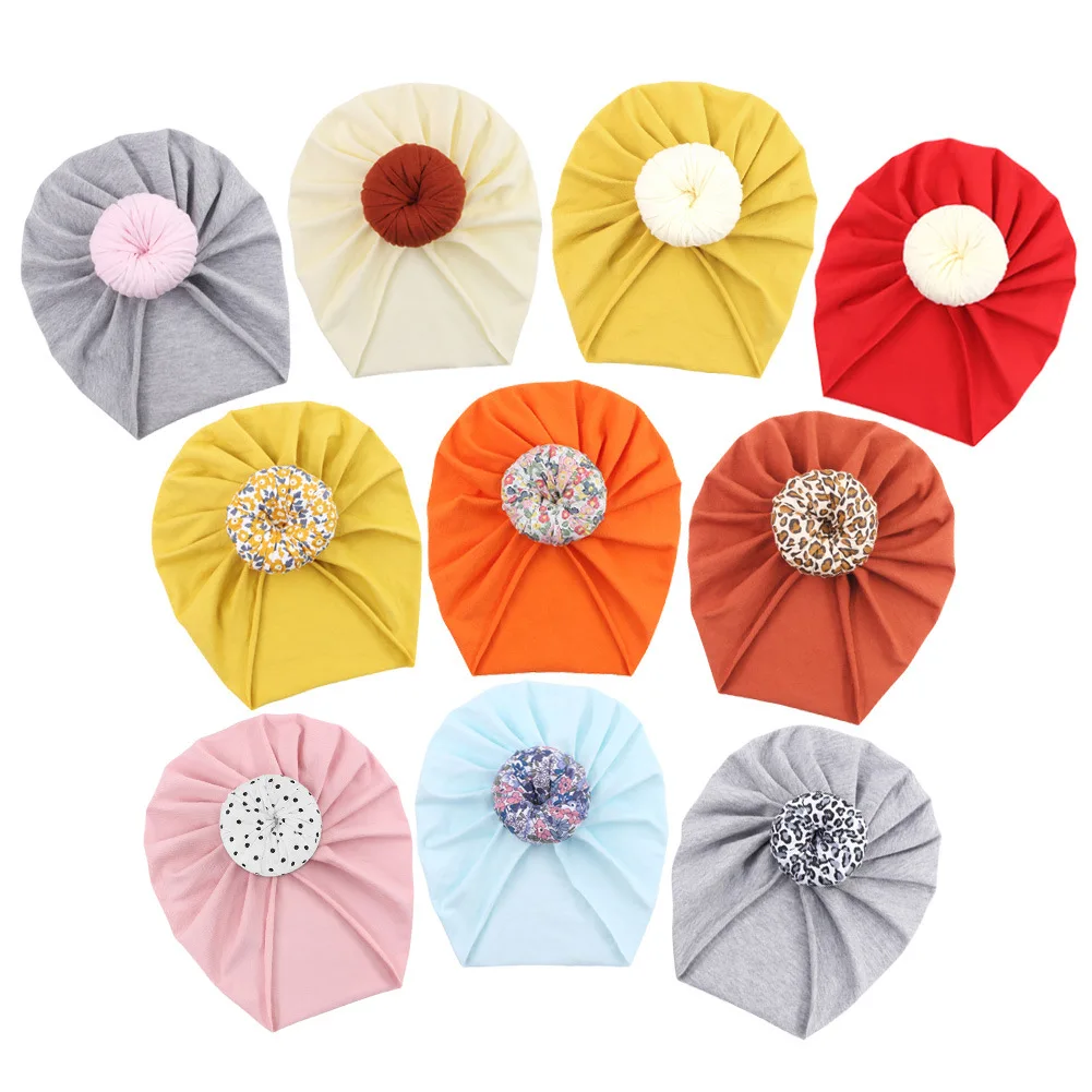 Gorro de Donut con estampado Floral para recién nacido, gorro de algodón liso para bebé, gorro indio con bola de leopardo, gorro de turbante para niño pequeño