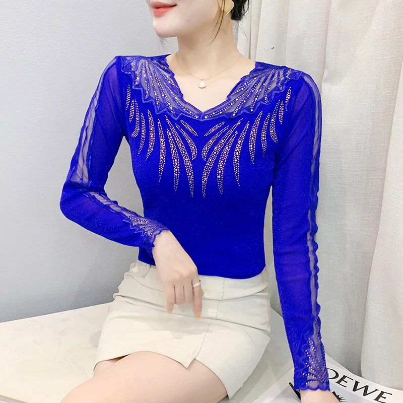 2025,New,Spring,European,Clothes,Mesh,T-Shirt,Chic,Sexy,V-Neck,Patchwork,Lace,Diamonds,Women,Tops,Long Sleeve,Drilling,Tees,5803