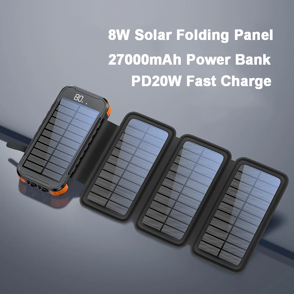 27000mAh Solar Power Bank PD20W Fast Charging with 4Panel 8W Solar Folding Panel and Double Flashlight for Outdoor Camping