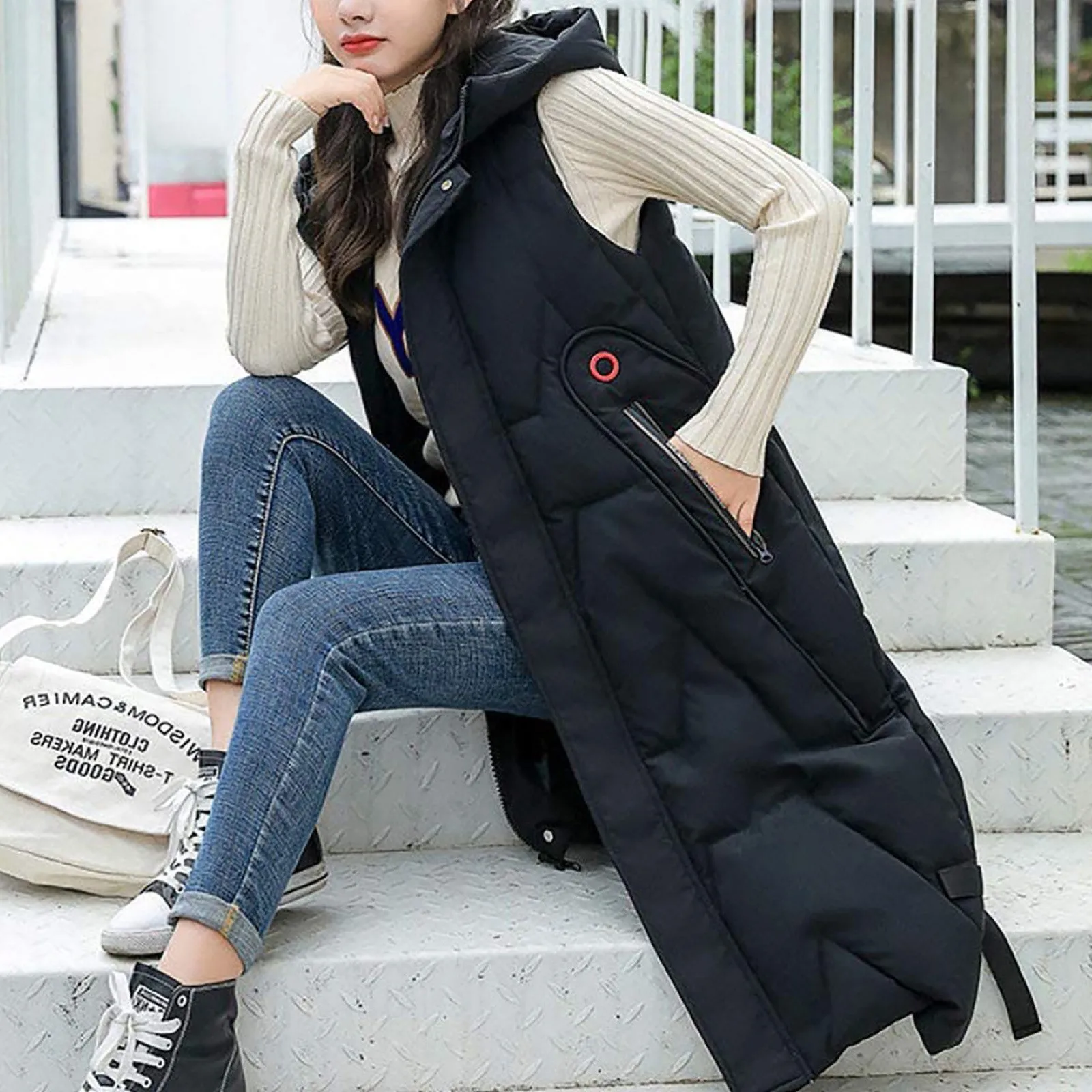 Womens Long Warm Cotton Waistcoat Tops Outerwear Women's Vest 2024 New Fashion Winter Jackets Hooded Thickened Sleeveless Coat