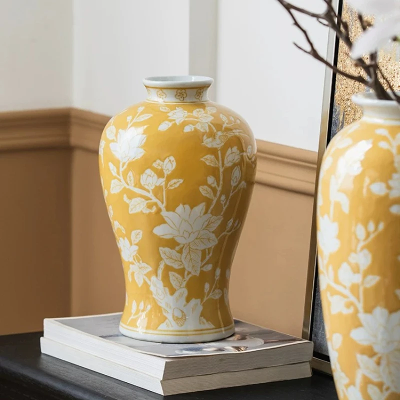 Yellow ceramic vase blue and white porcelain living room flower arrangement desktop rich ornament new Chinese home