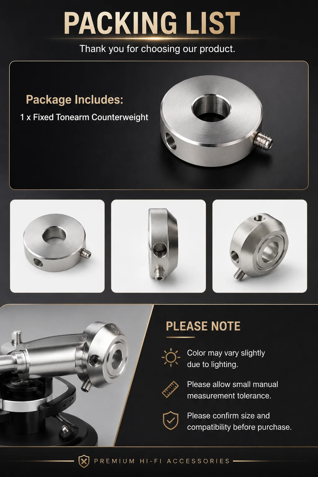 Balance Calibration Counterweight 20g Stainless Steel 9.5mm Inner Hole M3 Set Screw for SME 3009 3010 3012 Tonearm Turntable