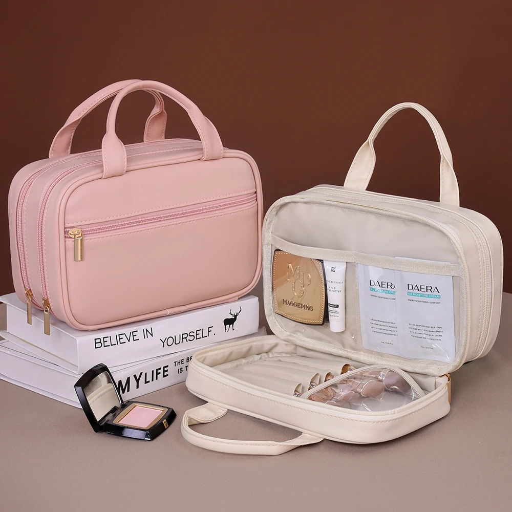 

Portable PU Leather Travel Toiletry Bag Double Layer Solid Color Makeup Bag Large Capacity Handbag Cosmetic Organizer