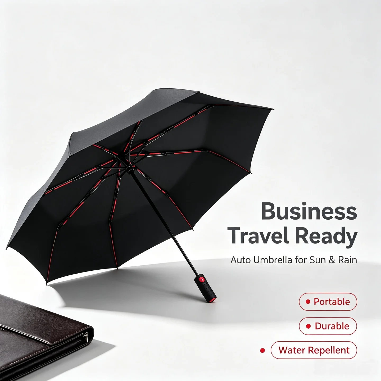 Summer Sale Durable Red Rib Frame Auto Open Close Umbrella Black Glue UV Block Windproof Waterproof for Outdoor Daily Use