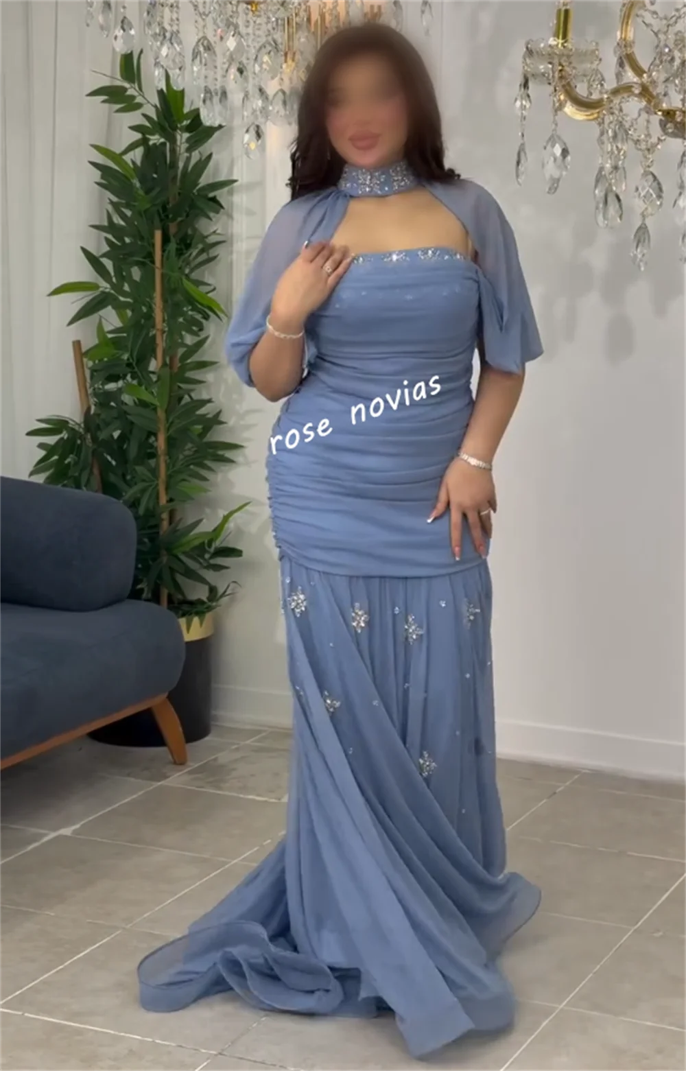 تخصيص الشيفون حجر الراين الطية عالية الياقة البوق فساتين طويلة مخصصة مناسبة حفلة موسيقية أنيقة حفل زفاف