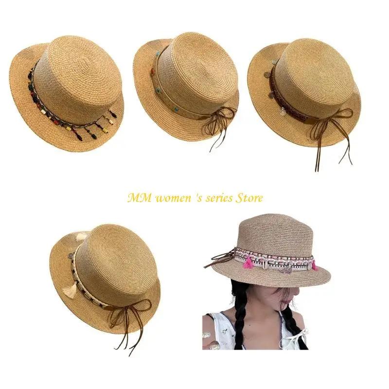 Q39C Shell Decors Beach Hat for Girl Weaving Bucket Hat Crochet Fisherman Hat