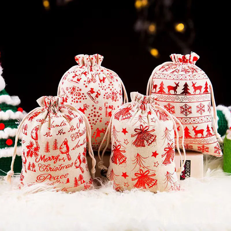 50pcs/lot 10*14 13*18cm Cotton Linen Drawstring Bags & Reusable Pouches For Christmas Party Gift Packaging Bag