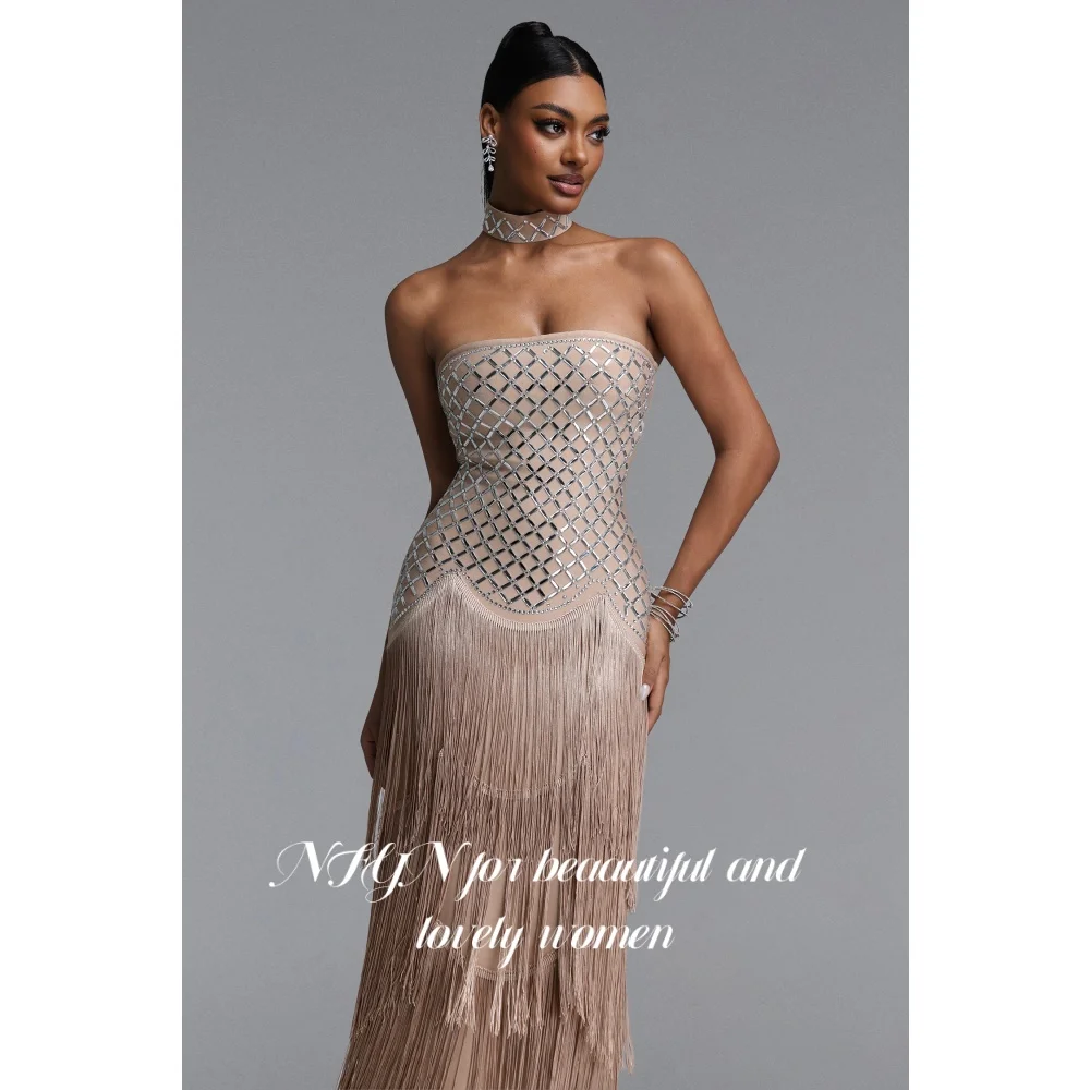 NFYN Nude Beige Prom Dress Silver Rhinestone Beaded Evening Dress With Multi-Layer Tassel Elegant Cocktail Party Gown Customized view 4