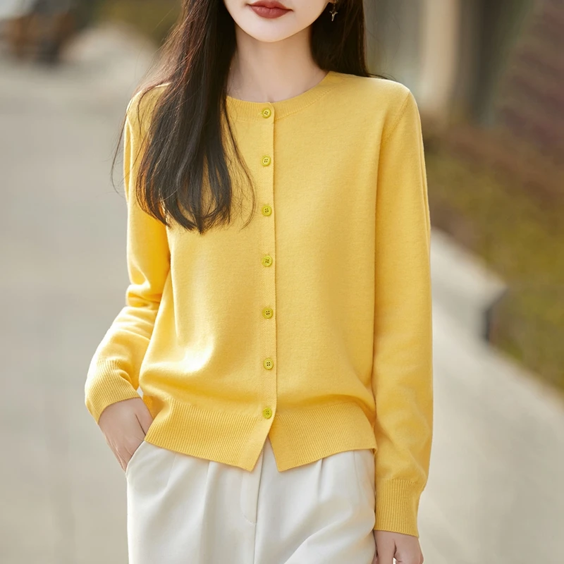 

Женский кардиган с круглым вырезом из 100% мериносовой шерсти в стиле преппи, кашемировый свитер, весна-осень, машинная стирка, одежда из тонкопряденой шерсти