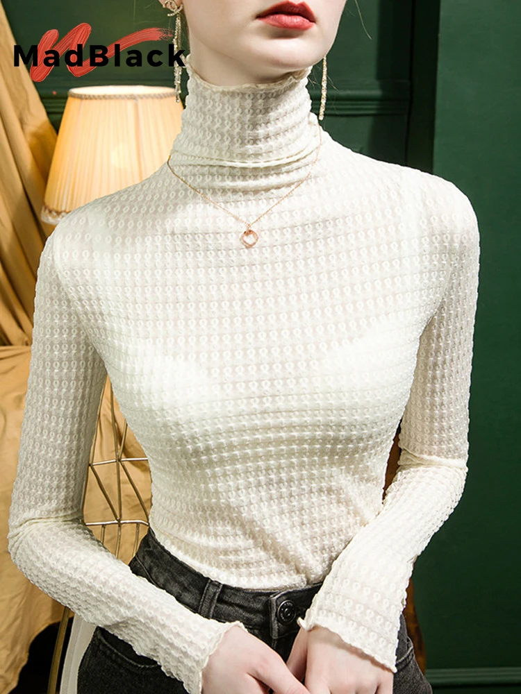 

MadBlack-Women European T-Shirt, Sexy Turtleneck Ruffles Patchwork, Streetwear Long Sleeve Slim S-3XL Tee, 2025 Winter T5D440CC