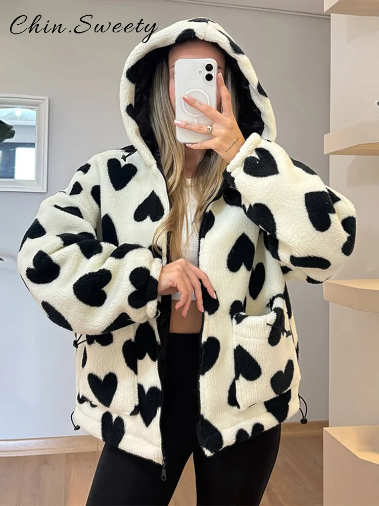 

Chic Women's Printed Lambs Wool Coats Loose Hooded Full Sleeve Pockets Zipper Coat Female 2025 Autumn Winter Lady Warm Outwear