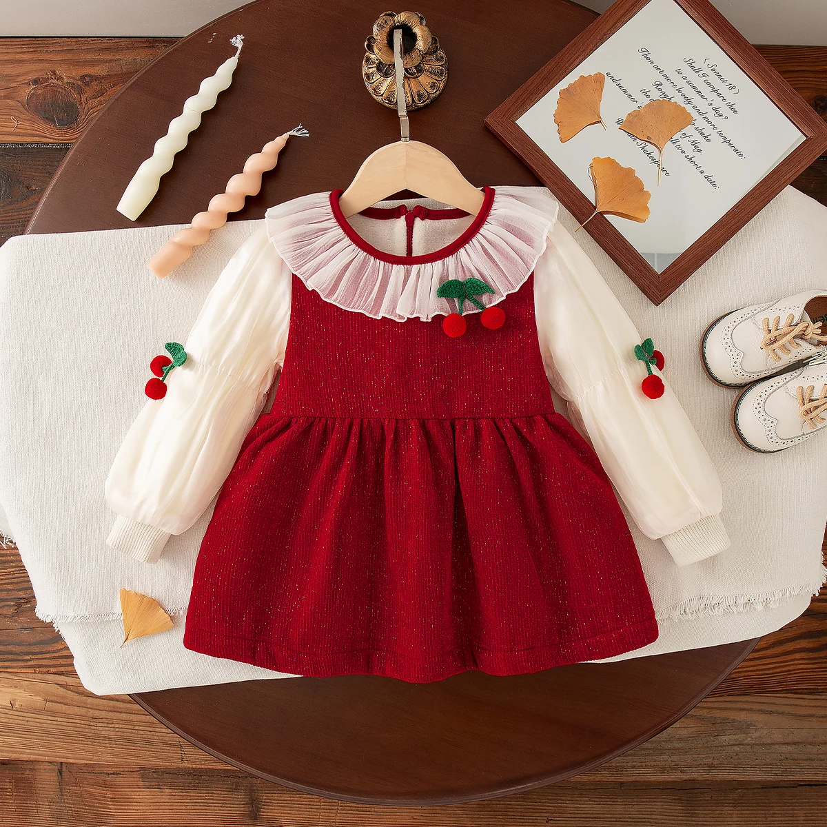 

New Year Festival Costume Cute Cherry Lace Collar Long Sleeve Red Gauze Dress Spring Autumn Baby Girl Dress Thicken