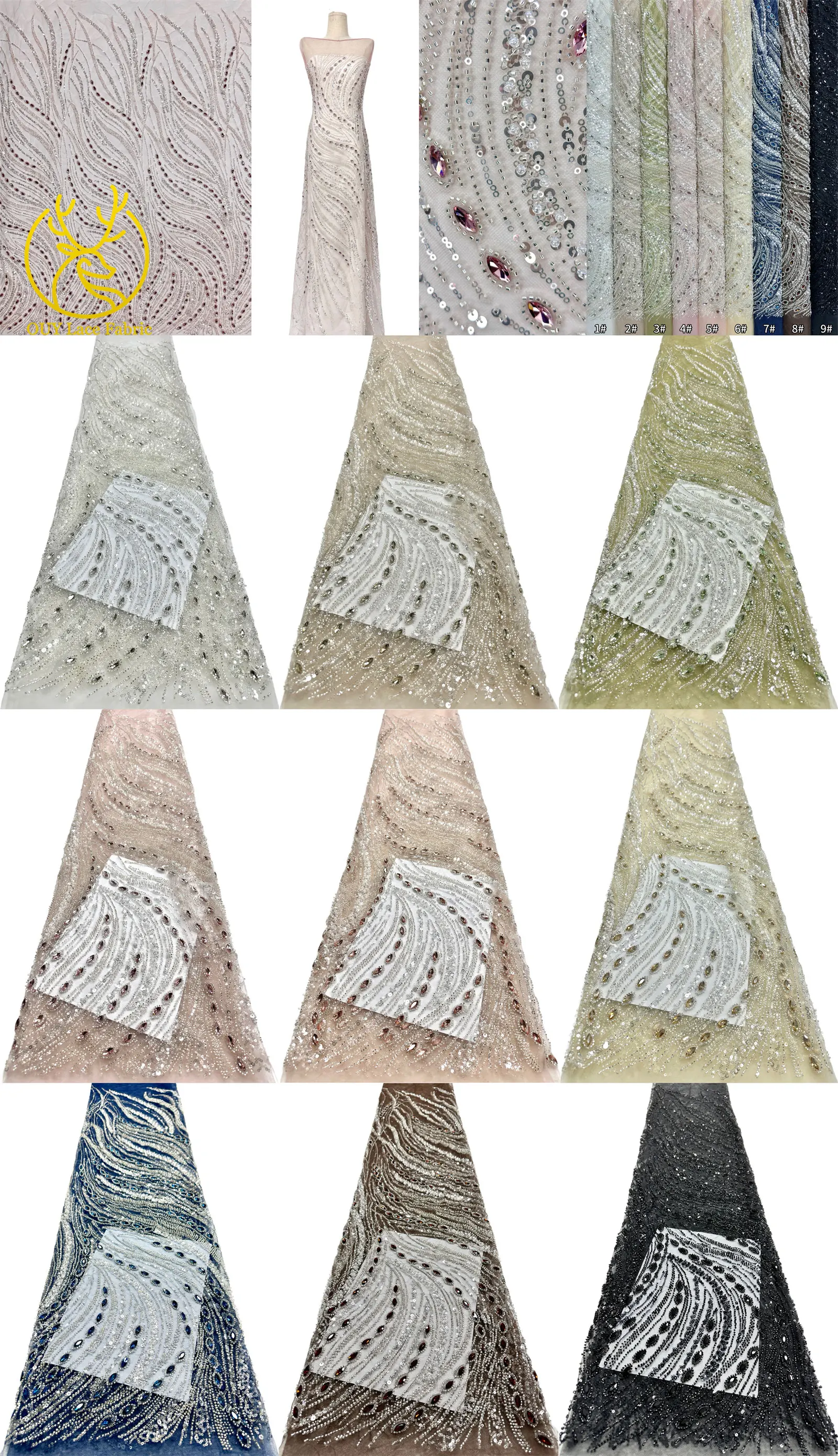 Marineblauer, hochwertiger, luxuriöser, österreichischer Diamant-Perlen-Spitzenstoff im neuen Stil 2026, afrikanischer Pailletten-Spitzenstoff für Brautkleider und Hochzeitsfeiern. – Detail 32