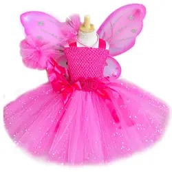 Girls Pink Glitter Tulle Dress Kids Butterfly Fairy Tutu Dresses with Wing and Stick Hairbow Children Halloween Cosplay Costume