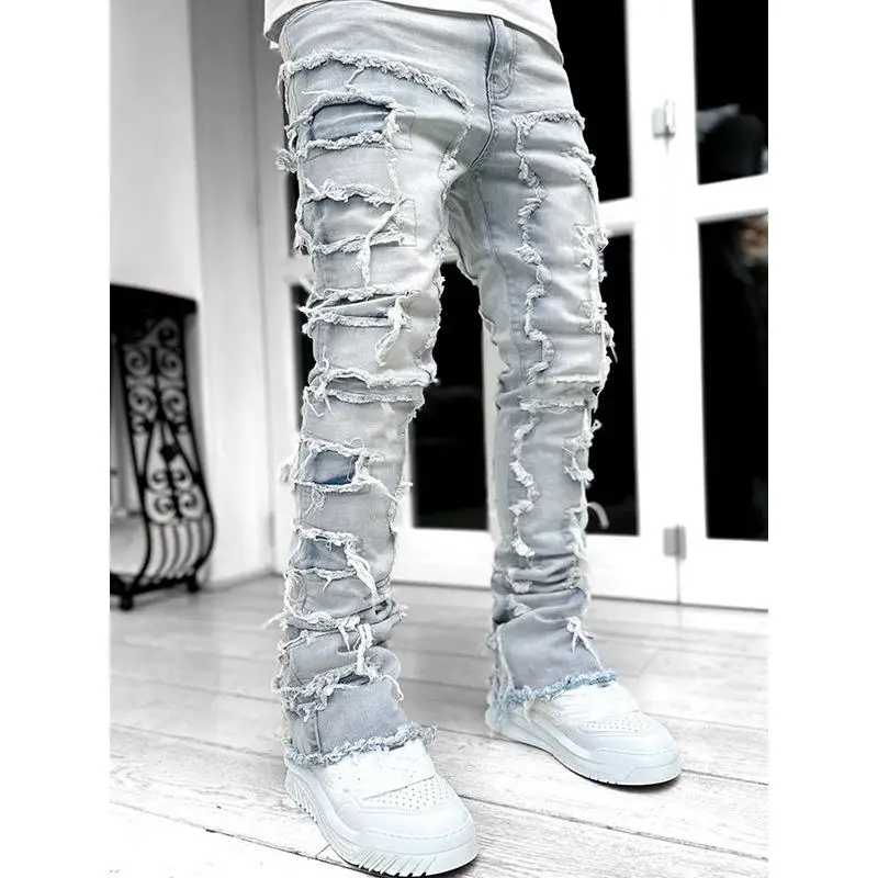 

Fashionable Stretchy Men's Jeans mid Waist Straight Leg Printed Long Pants Comfortable Fit Daily Wear Resistant to Deformation